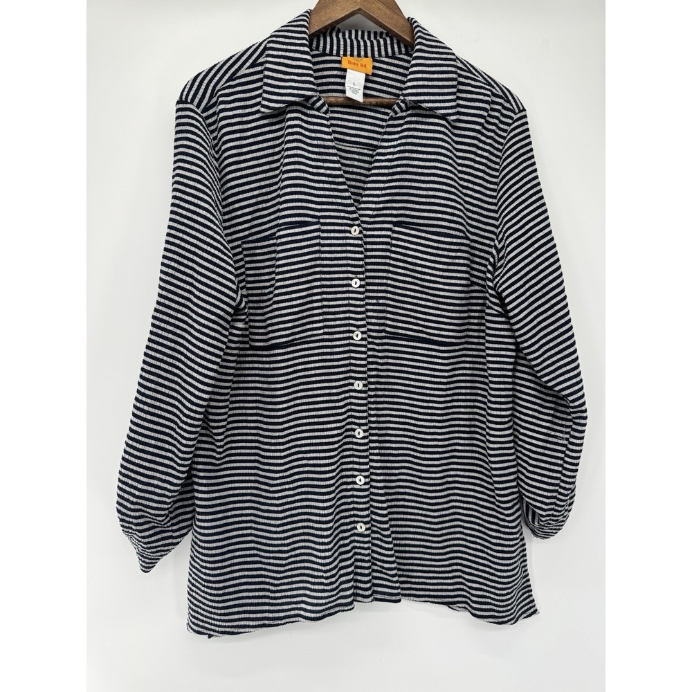 Ruby Rd L Striped Long Sleeve Roll Tab Sleeves Button Up Beachy nautical Navy L